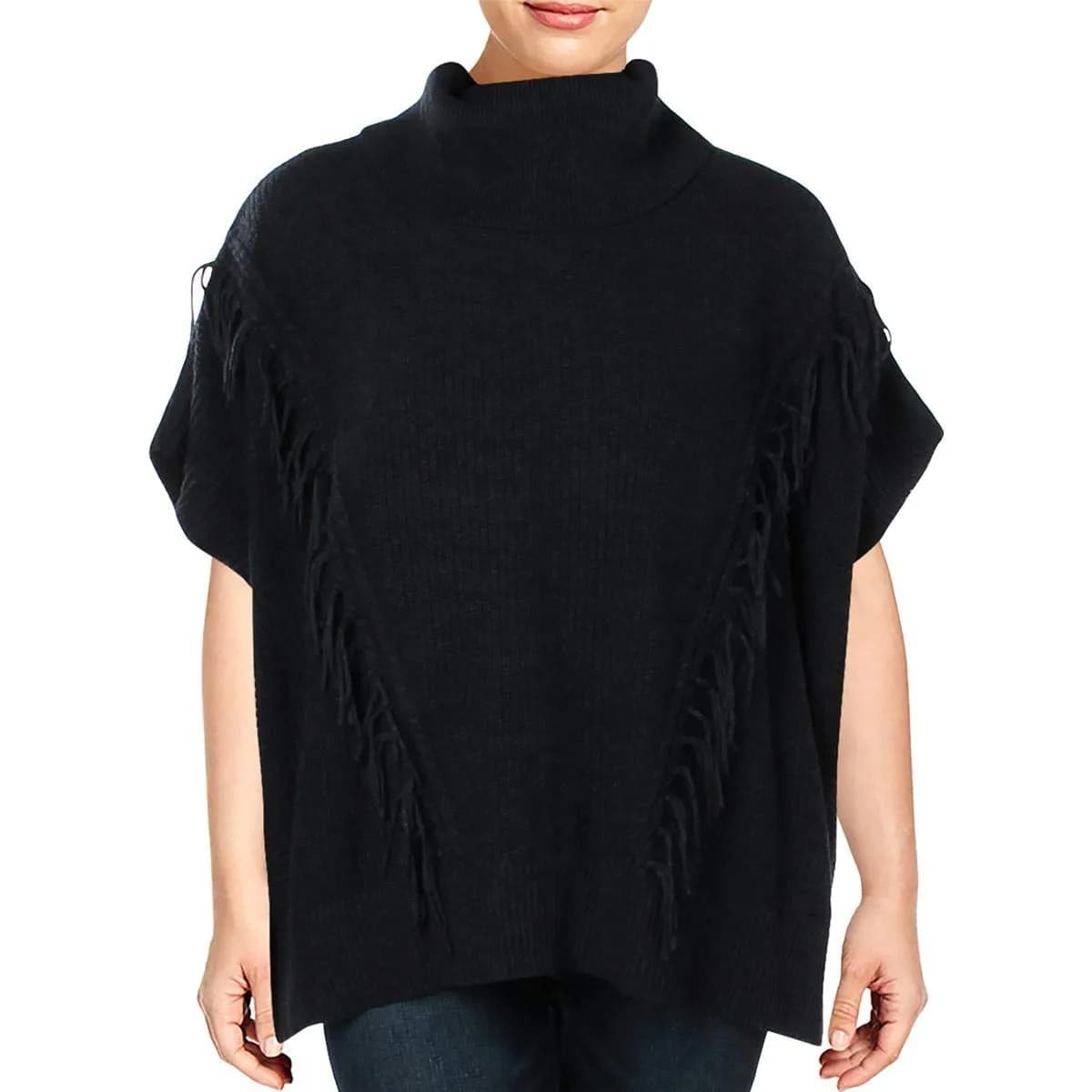 Anne Klein Fringe Turtleneck Poncho Sweater, Denim Heather, L/XL | Modern Ribbed Design with Fringe Detail