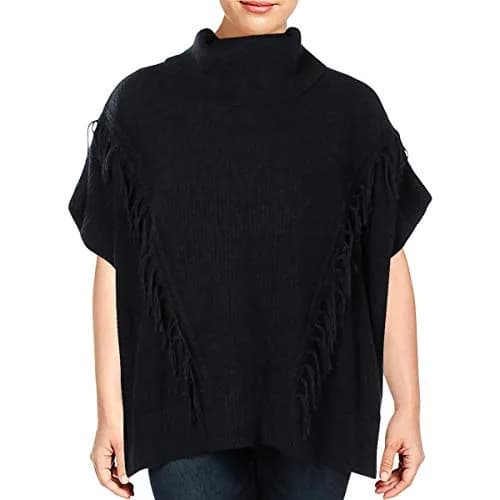 Anne Klein Fringe Turtleneck Poncho Sweater, Denim Heather, L/XL | Modern Ribbed Design with Fringe Detail thumbnail 1