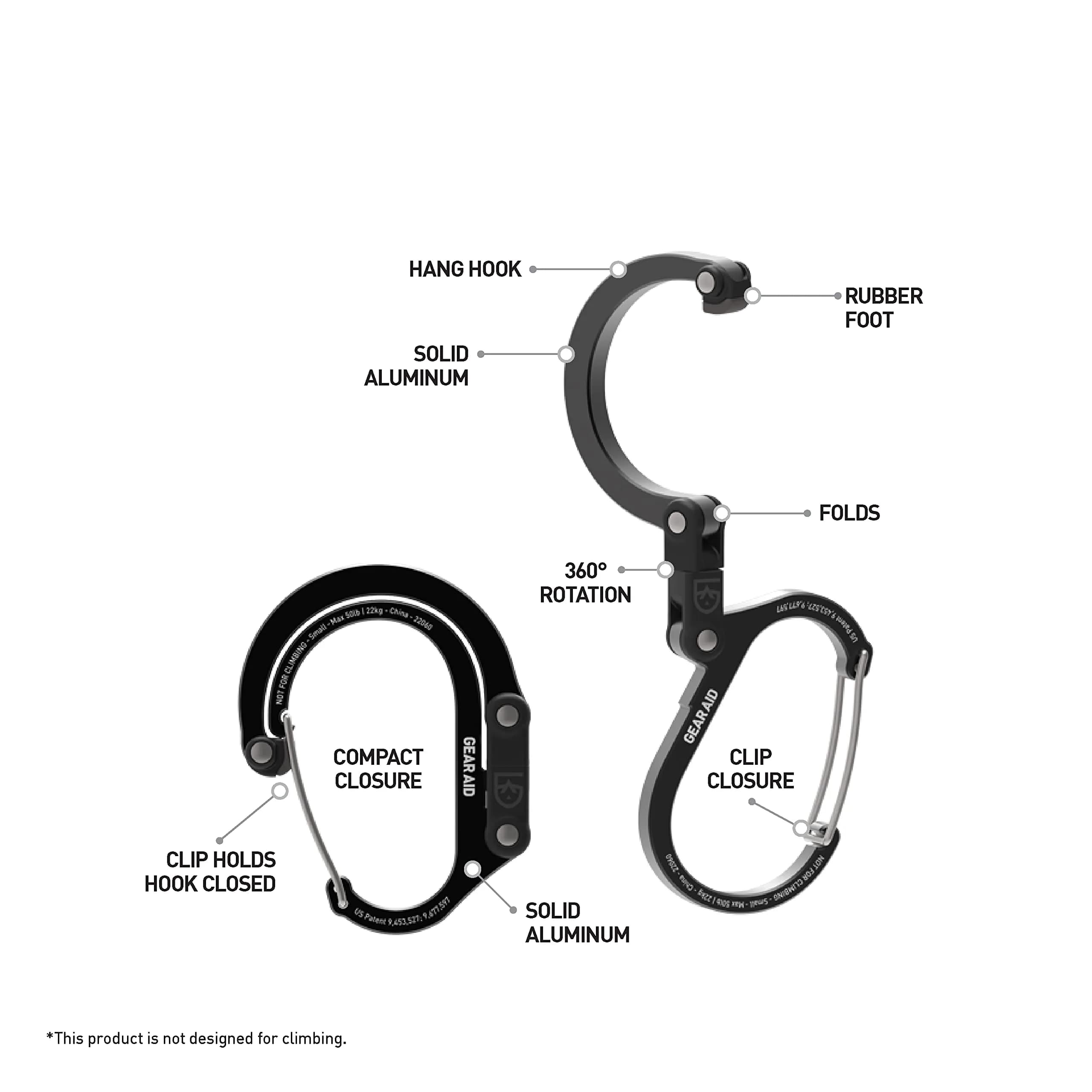 GEAR AID Heroclip Small Carabiner Clip and Hook 2-Pack (Black & Red) | Hangs Up to 50 lbs Securely - view 3