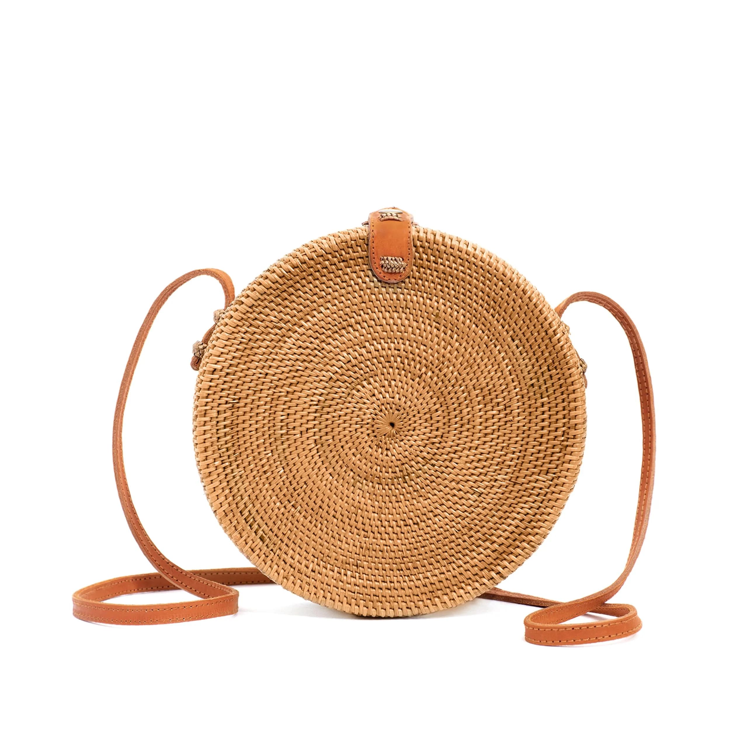 Novum Crafts Handmade Rattan Purse - Straw Wicker Crossbody Bag for Women, 20 cm (7.75") Diameter | Bali Woven Boho Beach Style — Brown Medium