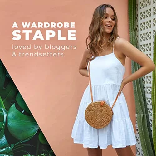Novum Crafts Handmade Rattan Purse - Straw Wicker Crossbody Bag for Women, 20 cm (7.75") Diameter | Bali Woven Boho Beach Style thumbnail 4