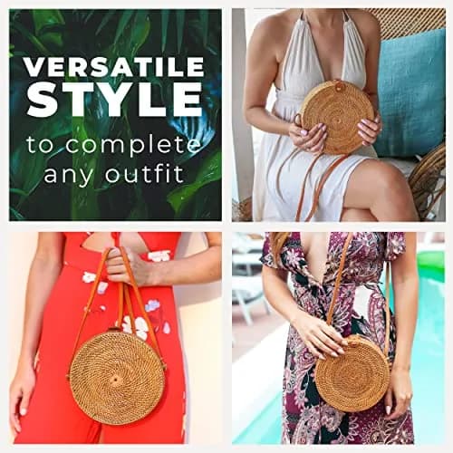 Novum Crafts Handmade Rattan Purse - Straw Wicker Crossbody Bag for Women, 20 cm (7.75") Diameter | Bali Woven Boho Beach Style thumbnail 2