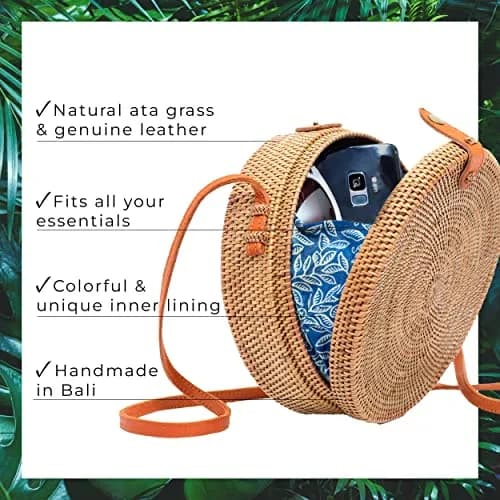 Novum Crafts Handmade Rattan Purse - Straw Wicker Crossbody Bag for Women, 20 cm (7.75") Diameter | Bali Woven Boho Beach Style thumbnail 3