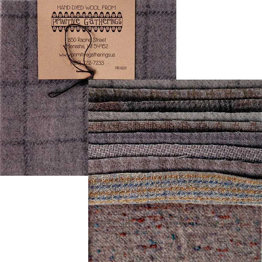 Moda Fabrics Primitive Gatherings Hand Dyed Wool Cement Charm Pack 10 5-inch Squares | Assorted Wool Squares for Quilting — Gray