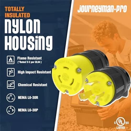 Journeyman-Pro NEMA L6-30P & L6-30R Locking Plug & Connector Set, 30A, 250V, 7500W, Industrial Grade, 2-Pack thumbnail 2