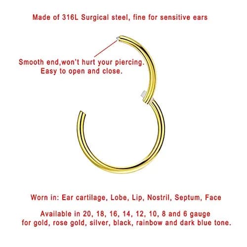 FANSING 18k Gold Plated Nose Hoop Ring 7mm (18 Gauge) | Hypoallergenic Surgical Steel Clicker thumbnail 2