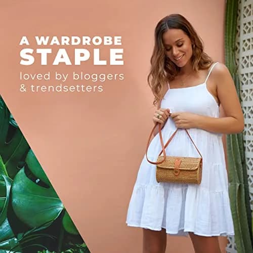 Novum Crafts Handmade Rattan Purse - Straw Wicker Crossbody Bag for Women | Tropical Bohemian Style (70-120 chars) thumbnail 5