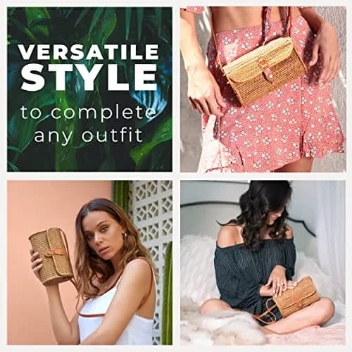 Novum Crafts Handmade Rattan Purse - Straw Wicker Crossbody Bag for Women | Tropical Bohemian Style (70-120 chars) thumbnail 7