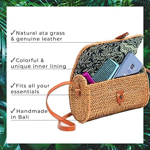 Novum Crafts Handmade Rattan Purse - Straw Wicker Crossbody Bag for Women | Tropical Bohemian Style (70-120 chars) thumbnail 4