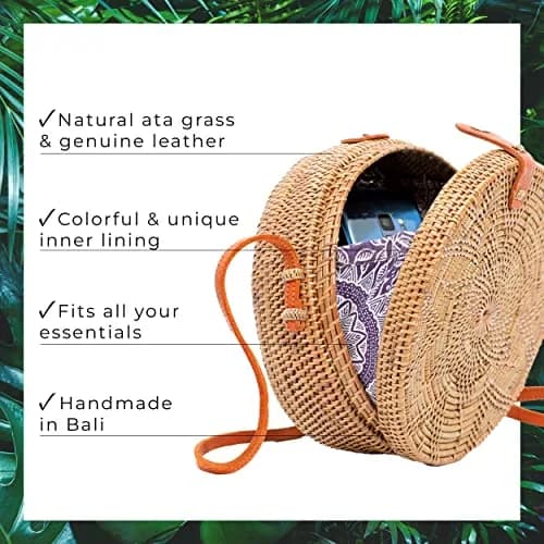 Novum Crafts Handmade Rattan Purse 20 cm (7.75") | Bali Woven Straw Crossbody Bag thumbnail 3