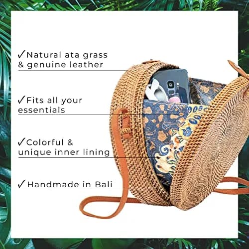 Novum Crafts Handmade Rattan Purse - Straw Wicker Crossbody Bag for Women | Tropical Bohemian Style (70-120 chars) thumbnail 3