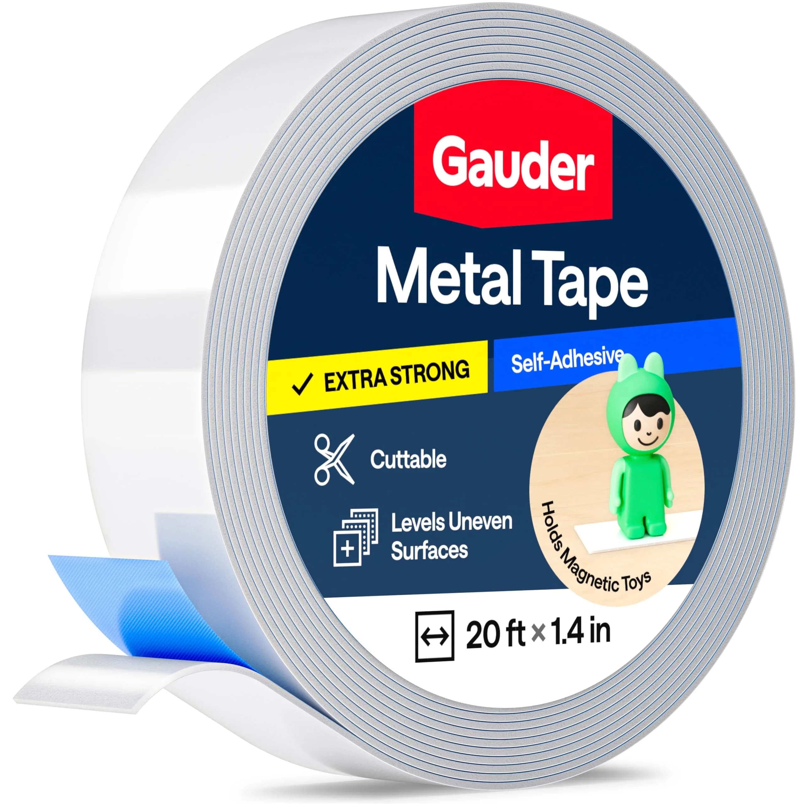 GAUDER Self-Adhesive Metal Tape 609.6 cm (20 ft) x 3.56 cm (1.4 in) | Holds Magnets & Tonie Figures on Walls - main product image