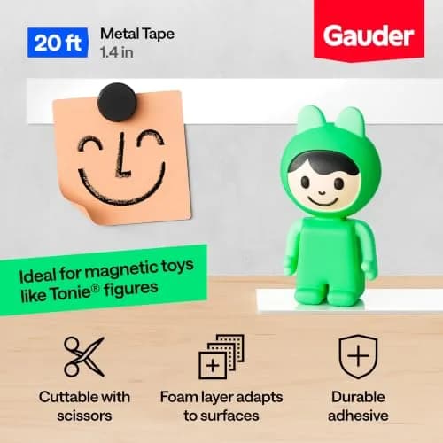 GAUDER Self-Adhesive Metal Tape 609.6 cm (20 ft) x 3.56 cm (1.4 in) | Holds Magnets & Tonie Figures on Walls thumbnail 2