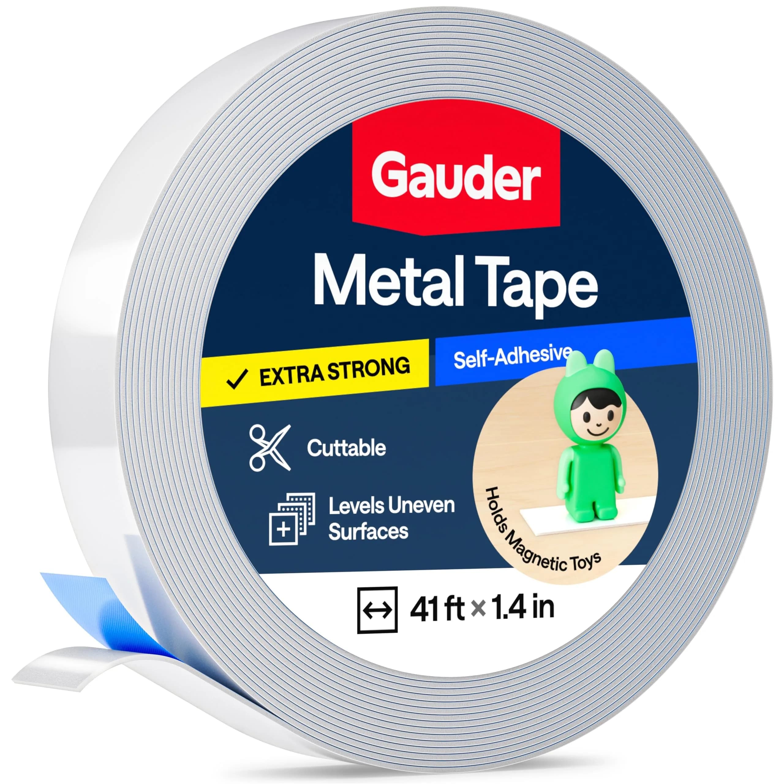 GAUDER Self-Adhesive Metal Tape 609.6 cm (20 ft) x 3.56 cm (1.4 in) | Holds Magnets & Tonie Figures on Walls — 41 ft