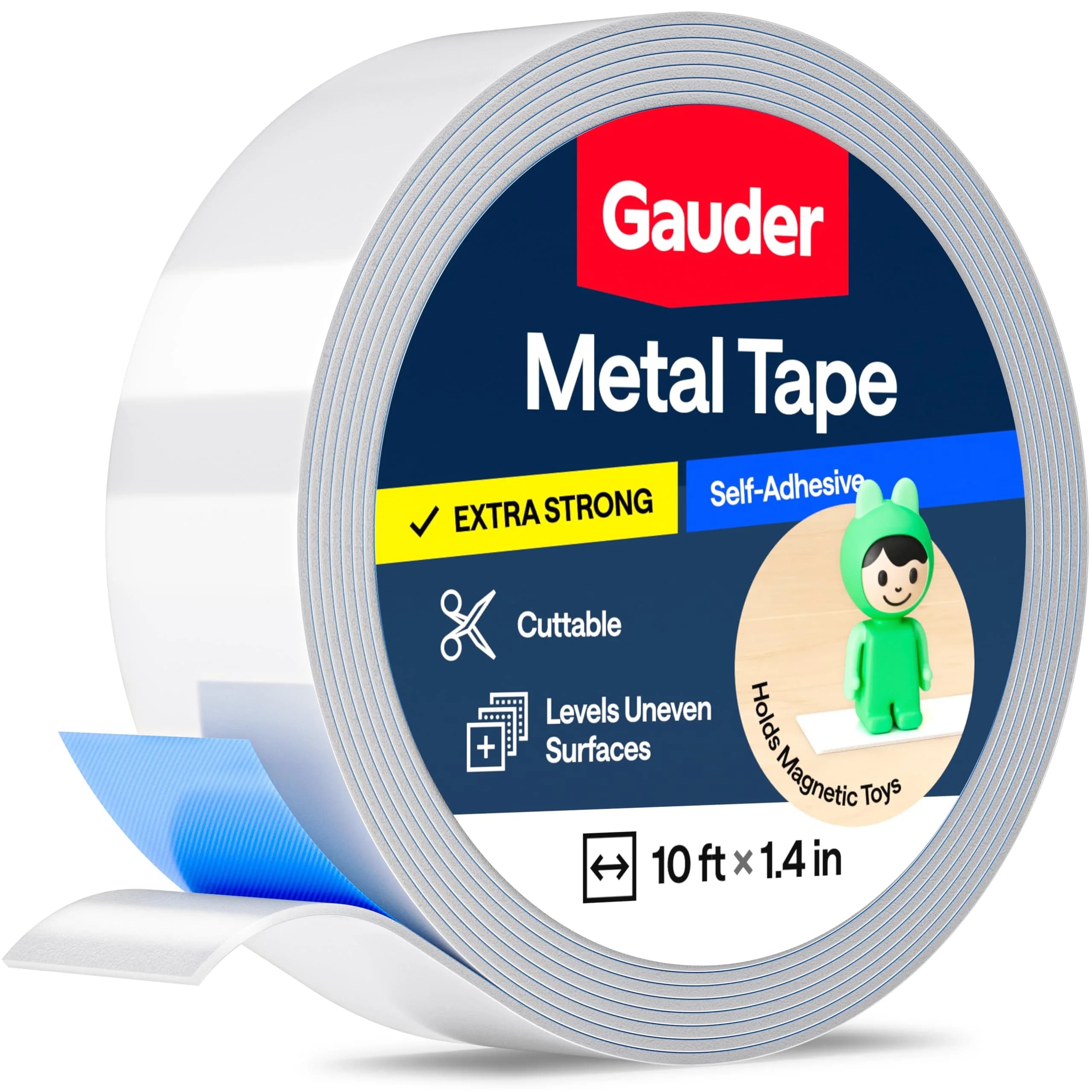 GAUDER Self-Adhesive Metal Tape 609.6 cm (20 ft) x 3.56 cm (1.4 in) | Holds Magnets & Tonie Figures on Walls — 10 ft