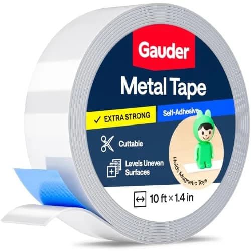 GAUDER Self-Adhesive Metal Tape 609.6 cm (20 ft) x 3.56 cm (1.4 in) | Holds Magnets & Tonie Figures on Walls — 10 ft