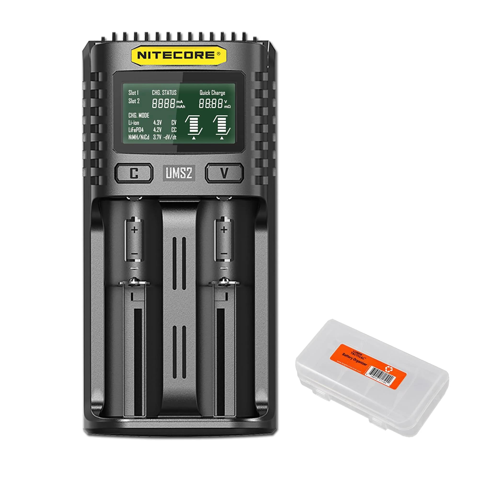 Nitecore UMS2 Battery Charger for Li-Ion/Ni-MH/Ni-Cd, Dual USB-C Slots, with Organizer | Fast, Safe Charging — Black