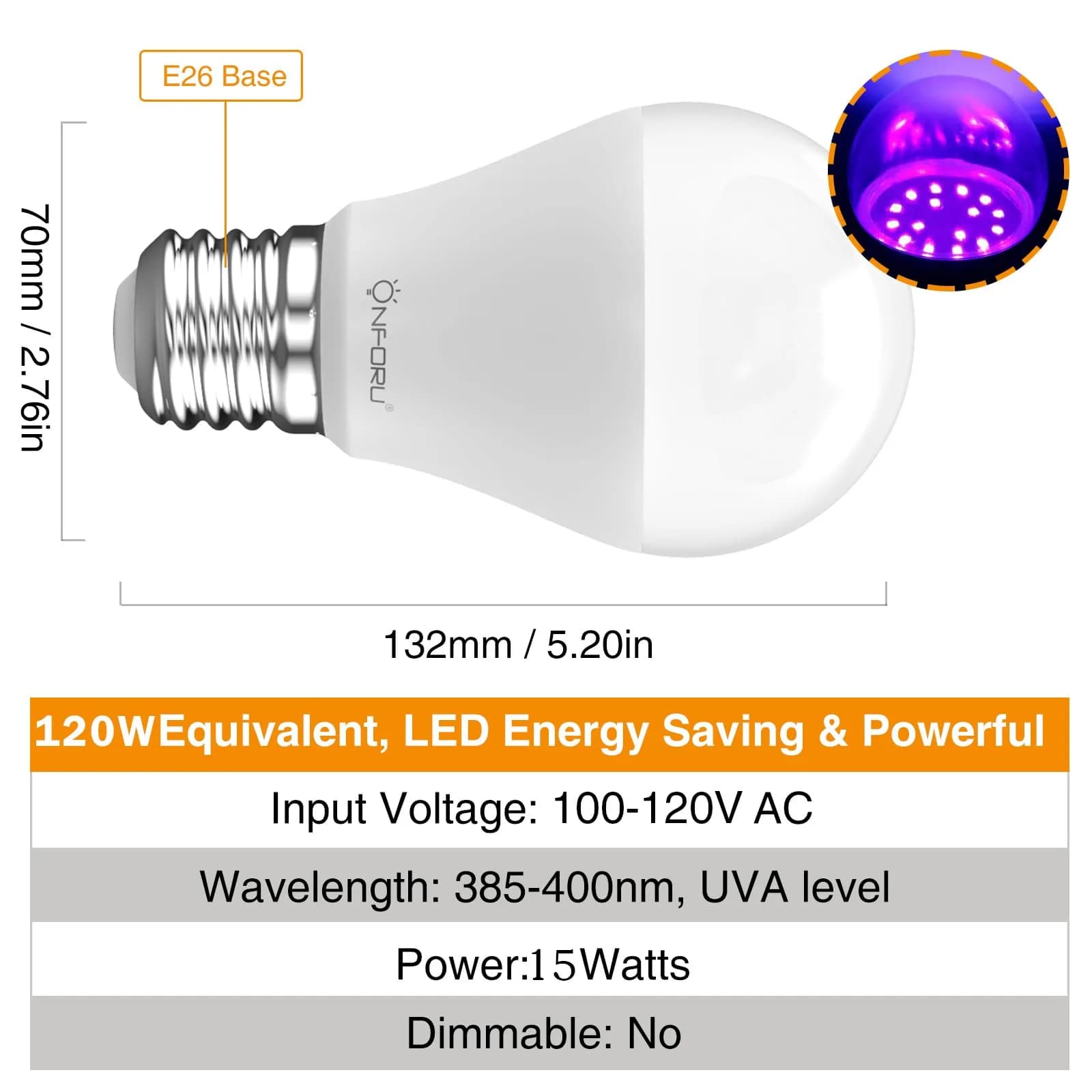 Onforu A19 LED Black Light Bulb 15W (E27 Base) | 395nm UV-A Glow for Parties & Decor - view 5