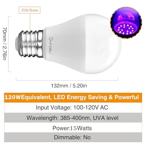 Onforu A19 LED Black Light Bulb 15W (E27 Base) | 395nm UV-A Glow for Parties & Decor thumbnail 5