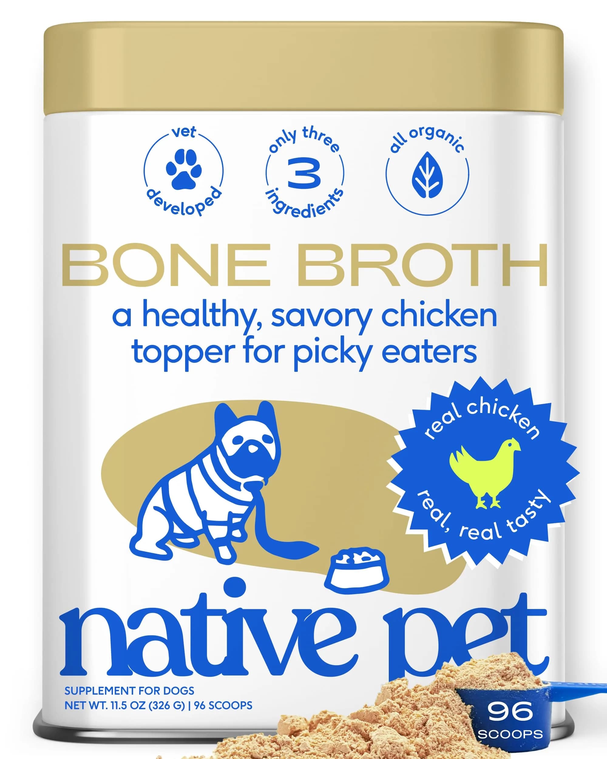 Native Pet Bone Broth for Dogs & Cats - Chicken Bone Broth Powder | Supports Joint, Immunity & Heart Health - 96 Scoops