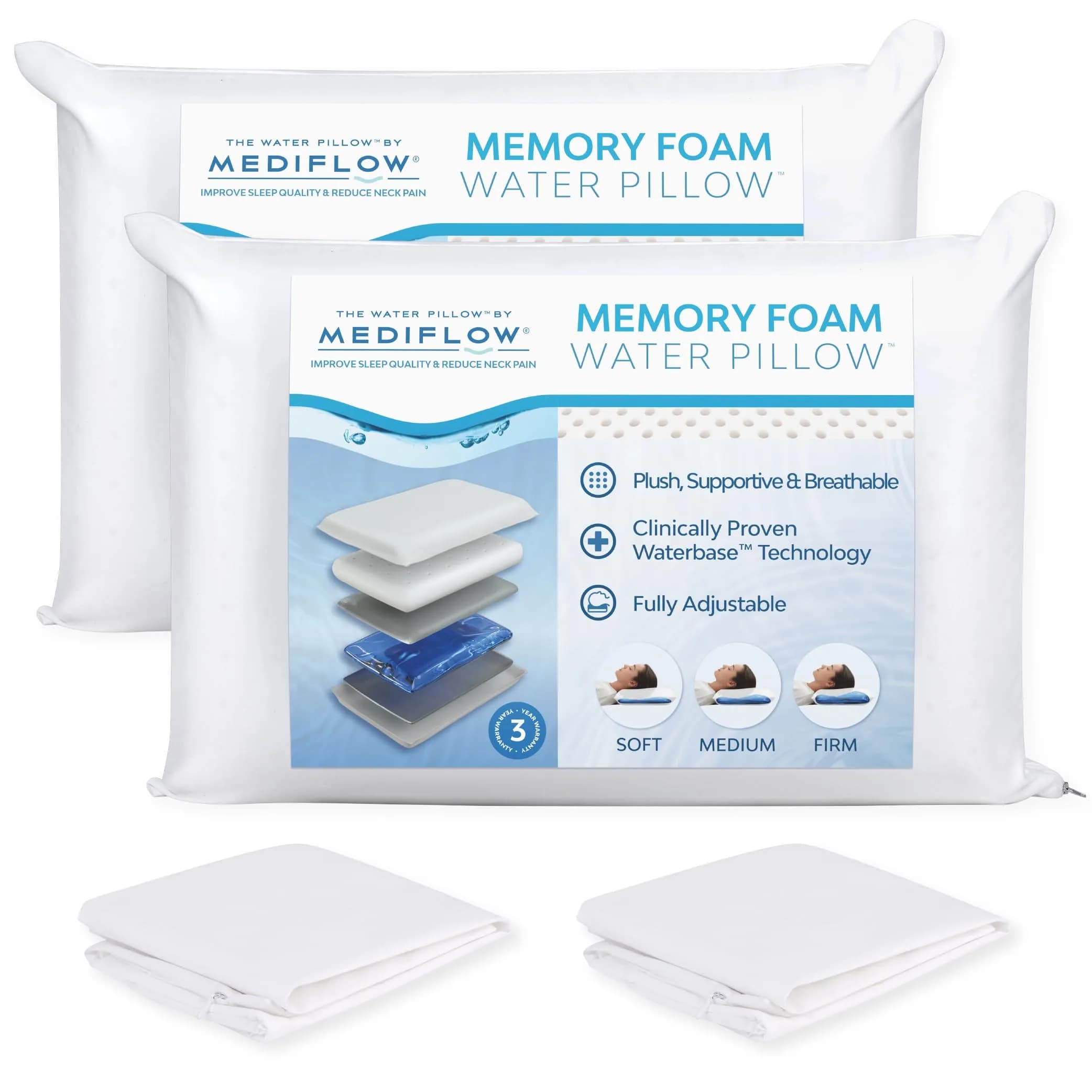 Mediflow Water Pillow with Memory Foam | Adjustable Waterbase for Neck Pain Relief (70-120 chars) — Value Pack