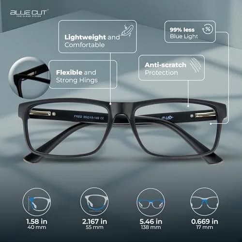BLUE CUT Blue Light Blocking Glasses for Men/Women | Reduce Eye Strain & Fatigue, Stylish & Lightweight, 55mm Wide, Unisex thumbnail 3