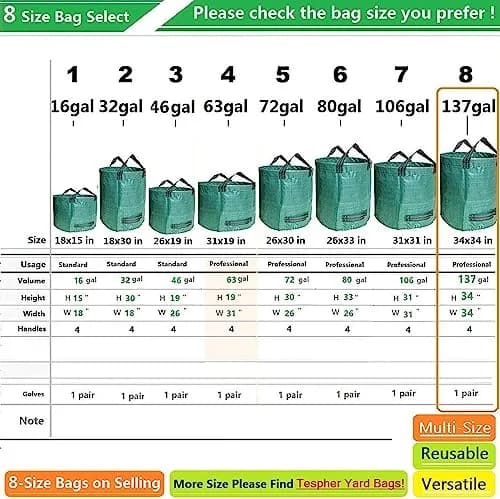 Tespher 137 Gallon Reusable Yard Waste Bags (D34"xH34") with Gloves | Heavy Duty Polypropylene for Lawn Debris thumbnail 7