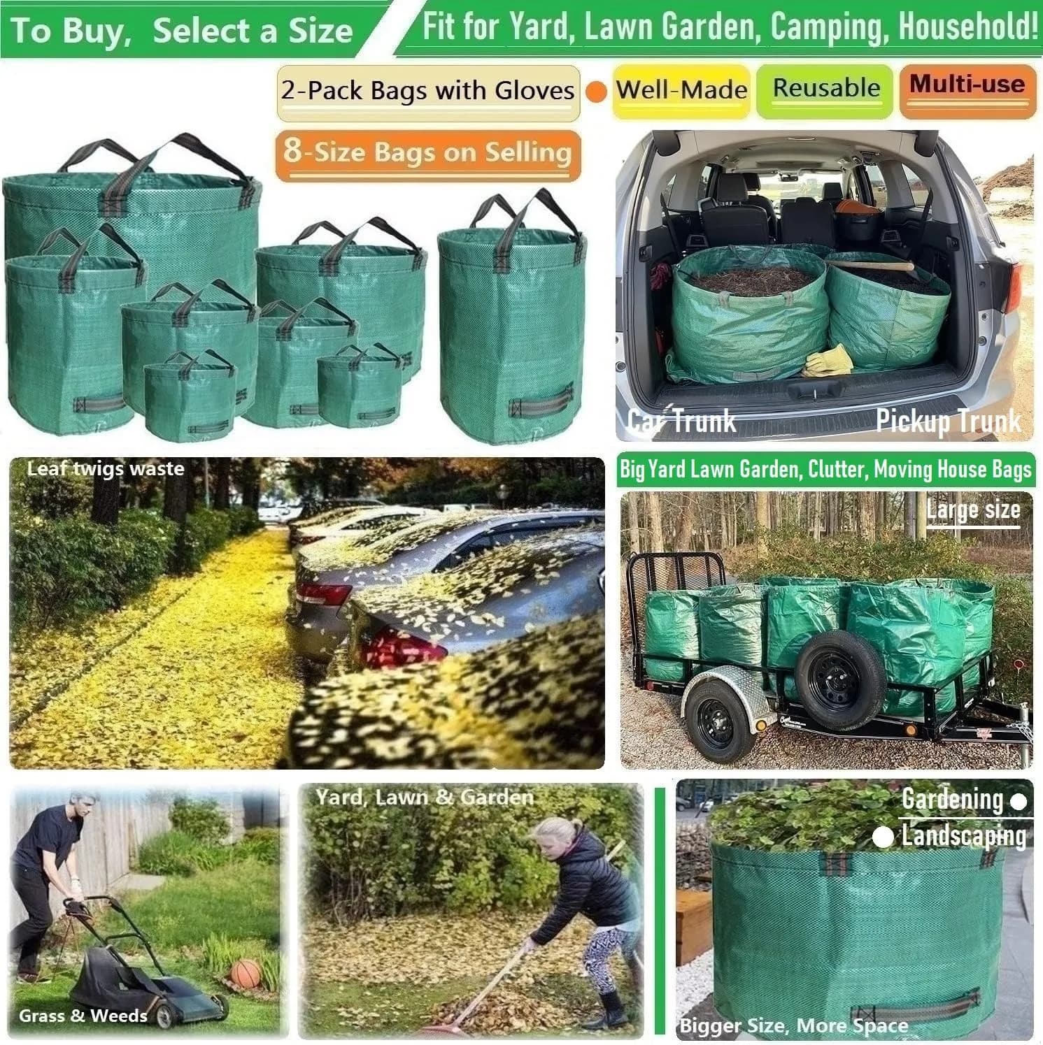 Tespher 137 Gallon Reusable Yard Waste Bags (D34"xH34") with Gloves | Heavy Duty Polypropylene for Lawn Debris - view 2