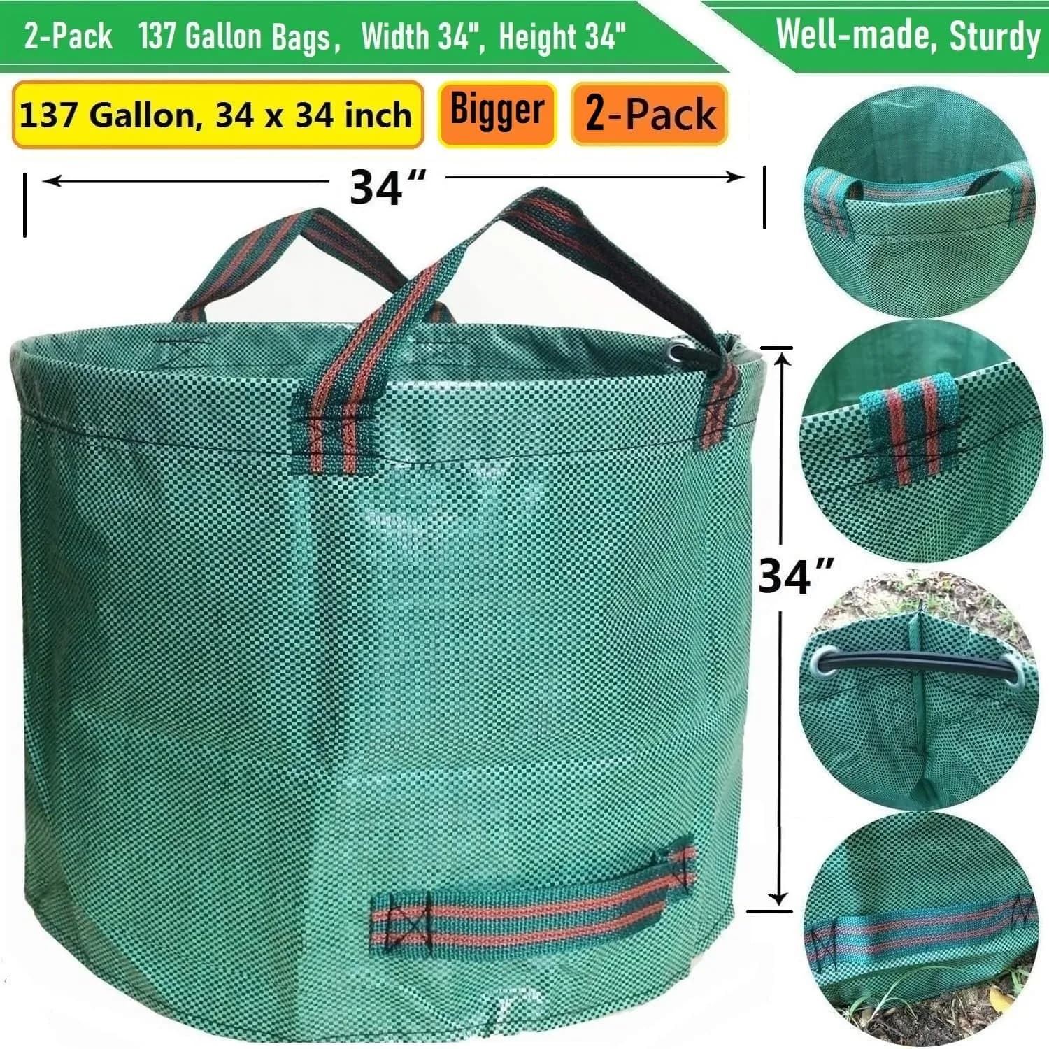 Tespher 137 Gallon Reusable Yard Waste Bags (D34"xH34") with Gloves | Heavy Duty Polypropylene for Lawn Debris - view 4