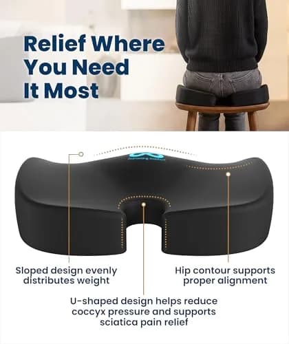 Everlasting Comfort Black Airflow Memory Foam Seat Cushion | Ergonomic U-Shape for Tailbone Pain Relief, Sciatica (Large) thumbnail 3