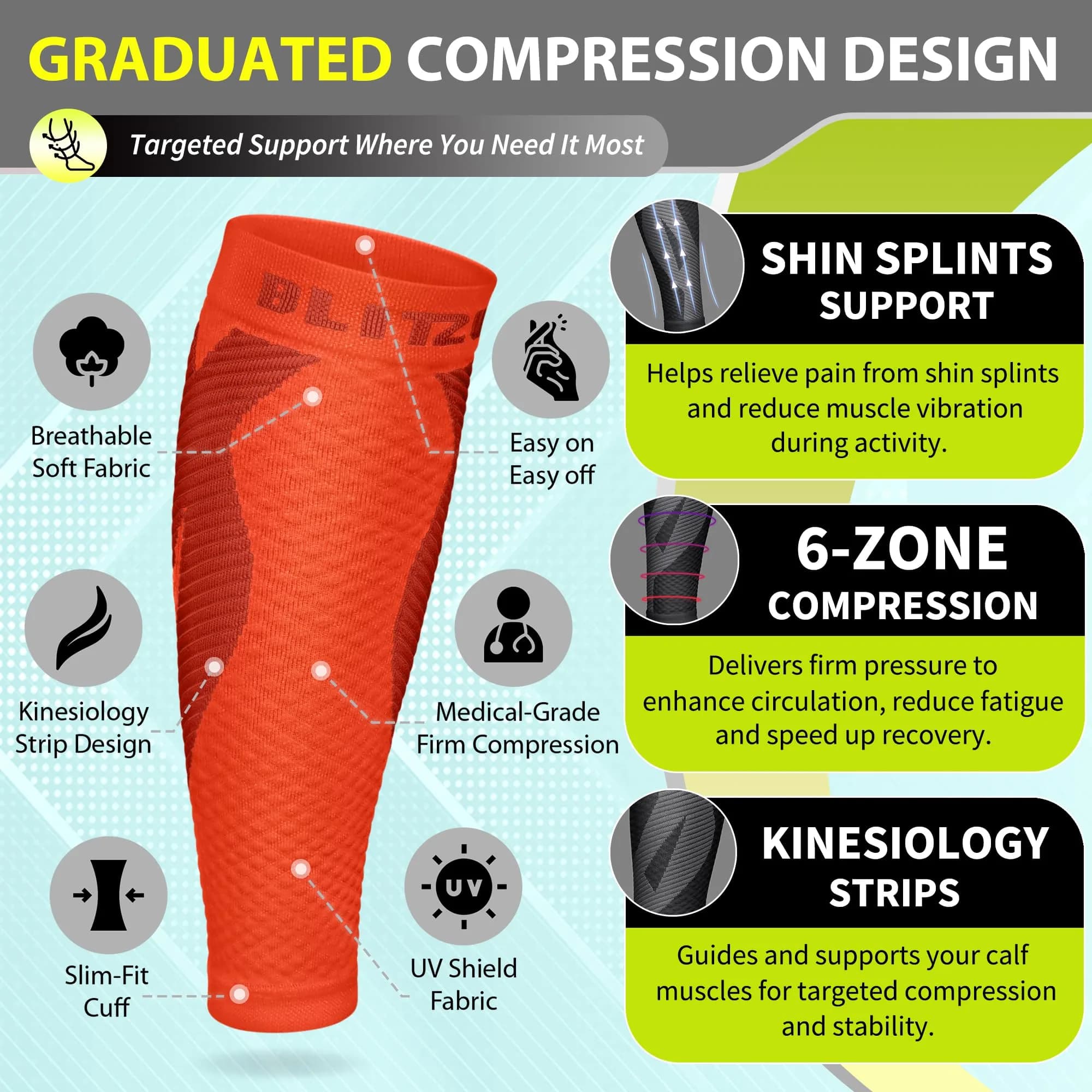 BLITZU Calf Compression Sleeves Tangerine Large/X-Large | FDA Approved Orthopedic Brace for Shin Splints & Varicose Veins - view 3