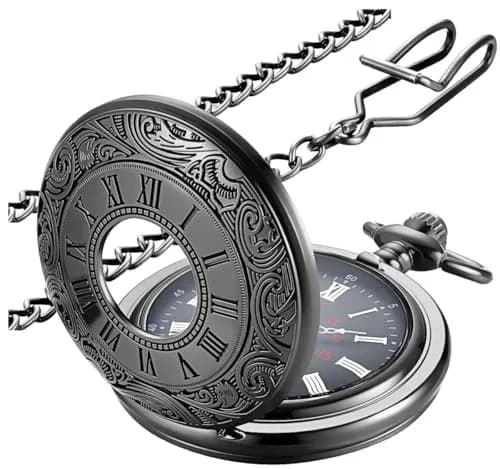 LYMFHCH Vintage Pocket Watch with Chain, Roman Numerals Scale Quartz Pocket Watch 46mm (1.8") | Classic Engraved Design for Gifting thumbnail 1
