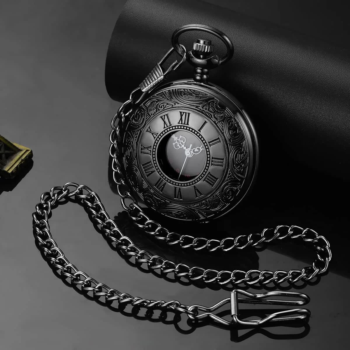 LYMFHCH G-Black Vintage Pocket Watch with Chain, Classic Roman Numerals Quartz Wristwatch for Gifts - view 2