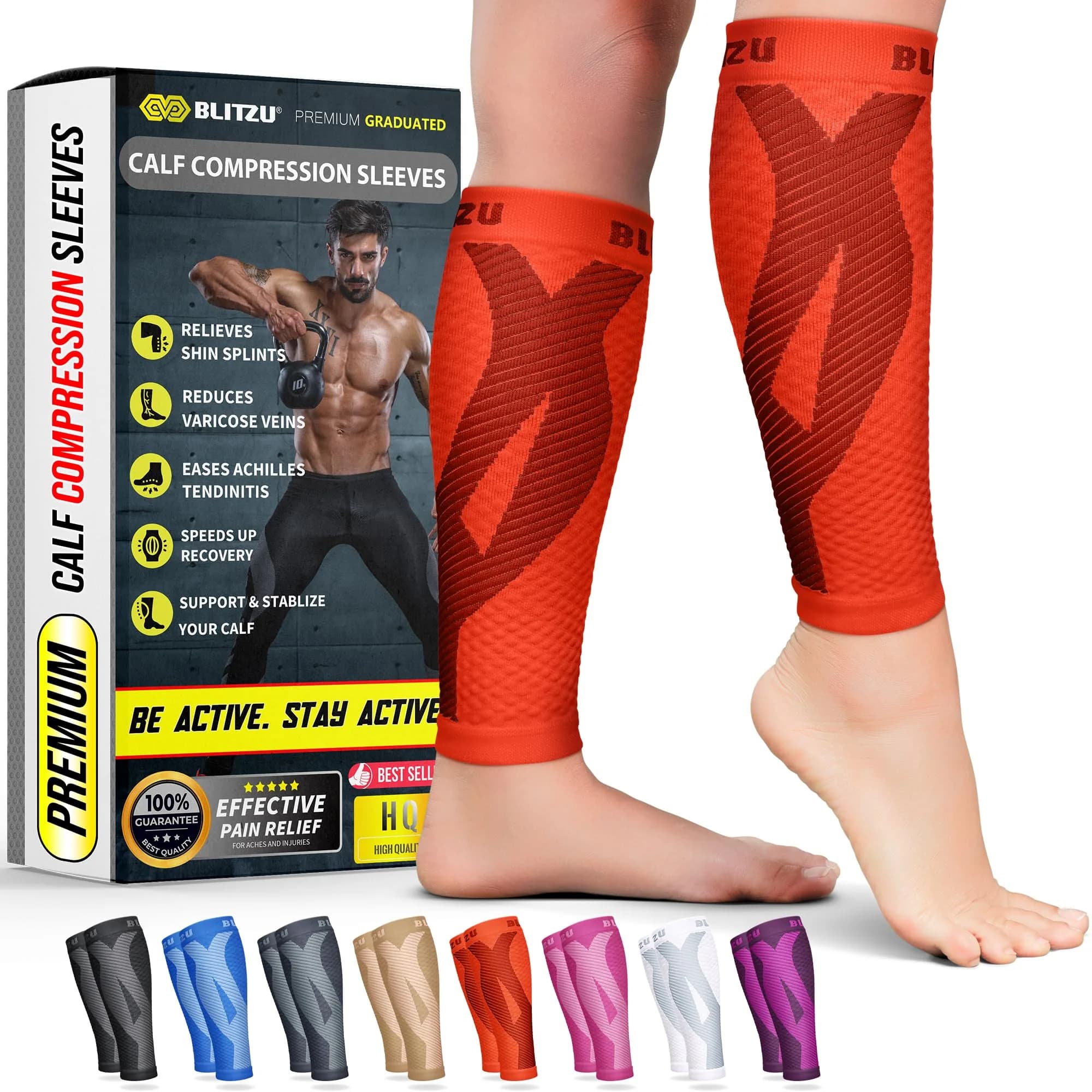 BLITZU Calf Compression Sleeves Tangerine Small/Medium | FDA Approved Orthopedic Brace for Shin Splints & Varicose Veins - main product image