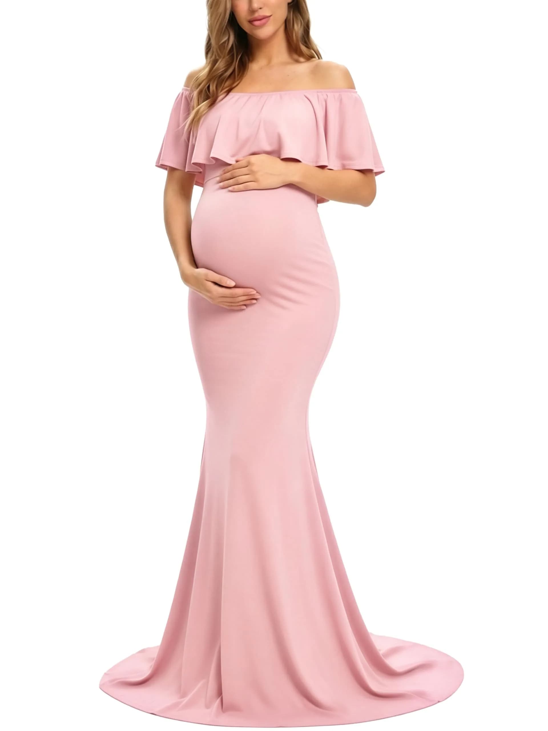 Glampunch Off Shoulder Maternity Dress for Photoshoot, Baby Shower | Flowy Maxi, Pink, Size X-Large