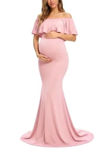 Glampunch Off Shoulder Maternity Dress for Photoshoot, Baby Shower | Flowy Maxi, Pink, Size X-Large thumbnail 1