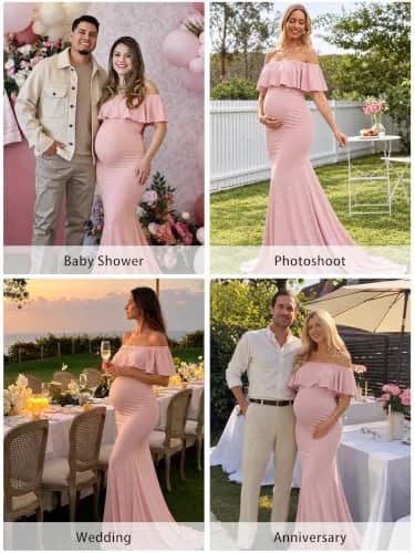 Glampunch Off Shoulder Maternity Dress for Photoshoot, Baby Shower | Flowy Maxi, Pink, Size X-Large thumbnail 4