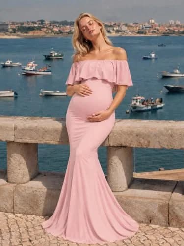 Glampunch Off Shoulder Maternity Dress for Photoshoot, Baby Shower | Flowy Maxi, Pink, Size X-Large thumbnail 2
