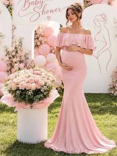 Glampunch Off Shoulder Maternity Dress for Photoshoot, Baby Shower | Flowy Maxi, Pink, Size X-Large thumbnail 3