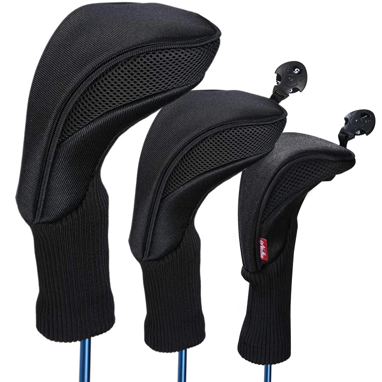 LONGCHAO Golf Club Head Cover Set for Driver & Woods | Thick 1680D Material, Interchangeable Tags, Black (3 pcs)