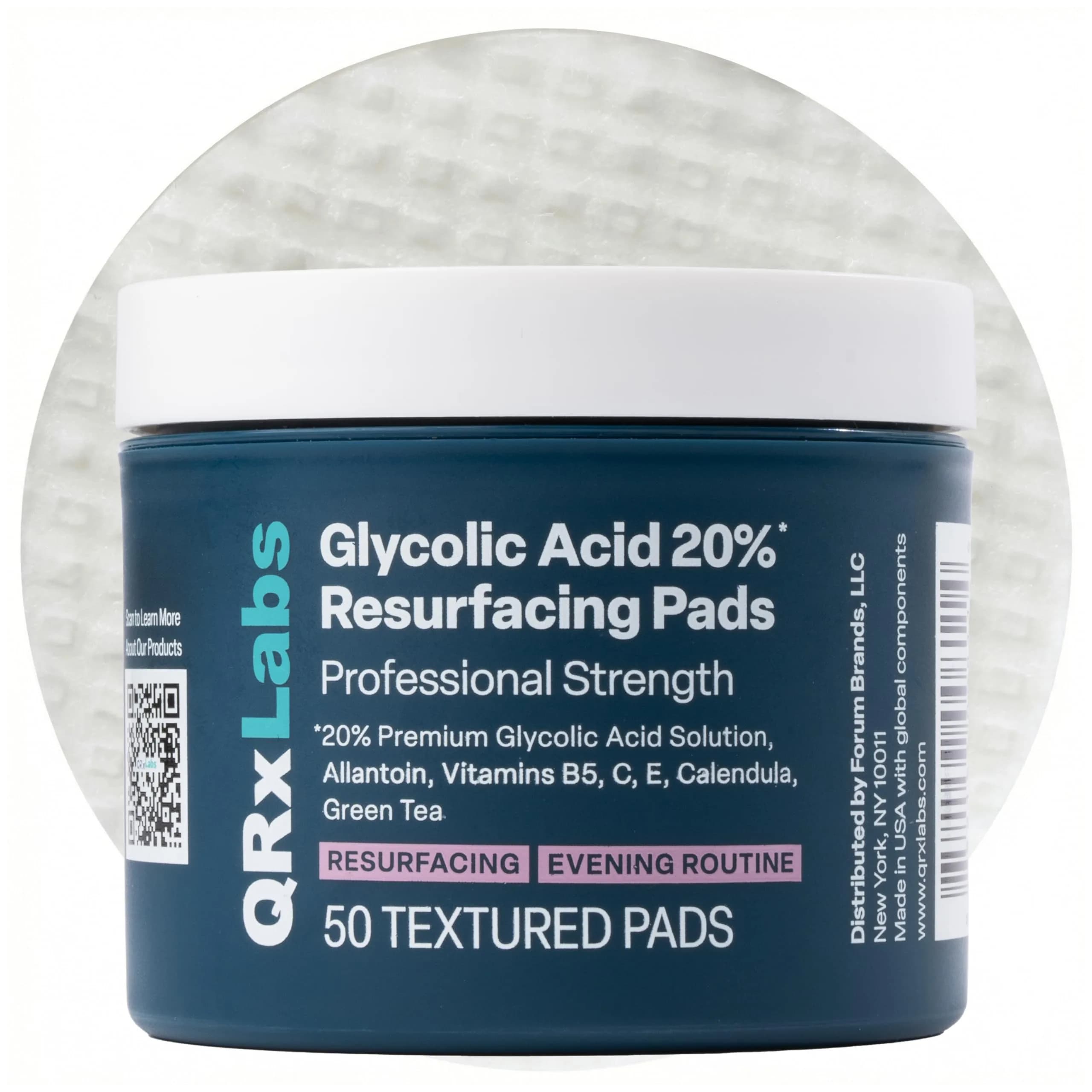 QRxLabs Glycolic Acid Pads 20% Resurfacing AHA for Face & Body 50ct | Exfoliates Skin Surface - main product image
