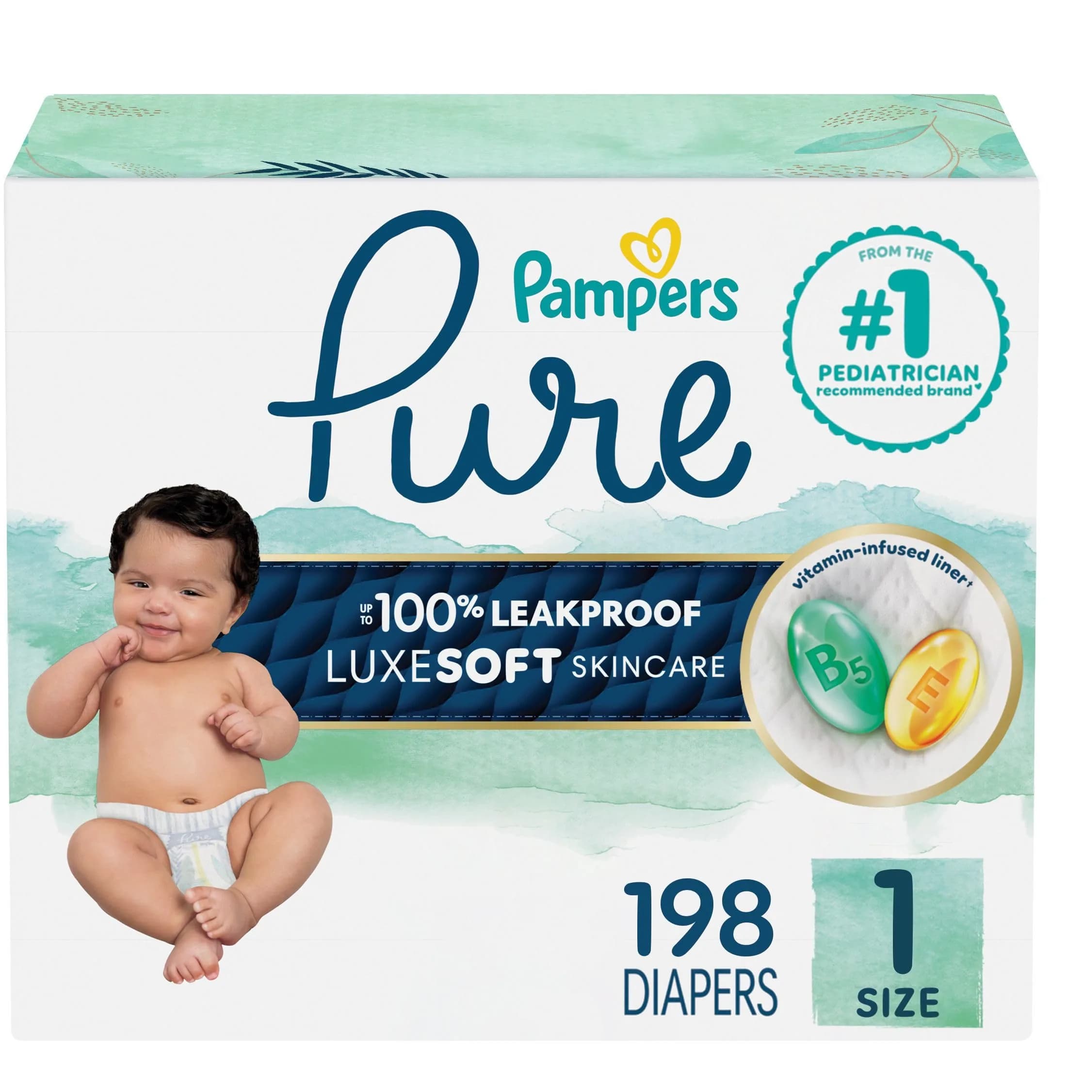 Pampers Pure Baby Diapers Size 1 (8-14 lbs) | Leakproof Hypoallergenic Diapers