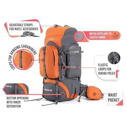 TRIPOLE Walker 55L Rucksack Orange | Internal Frame Backpack with Laptop Compartment & Rain Cover thumbnail 4