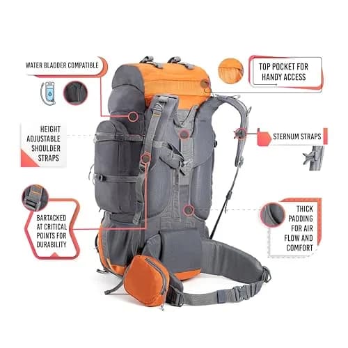 TRIPOLE Walker 55L Rucksack Orange | Internal Frame Backpack with Laptop Compartment & Rain Cover thumbnail 3