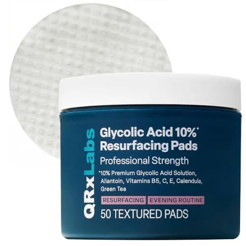 QRxLabs 10% Glycolic Acid Exfoliating Pads, Face + Body, 50ct | Resurfaces Skin for Smoother Texture & Brighter Tone thumbnail 1