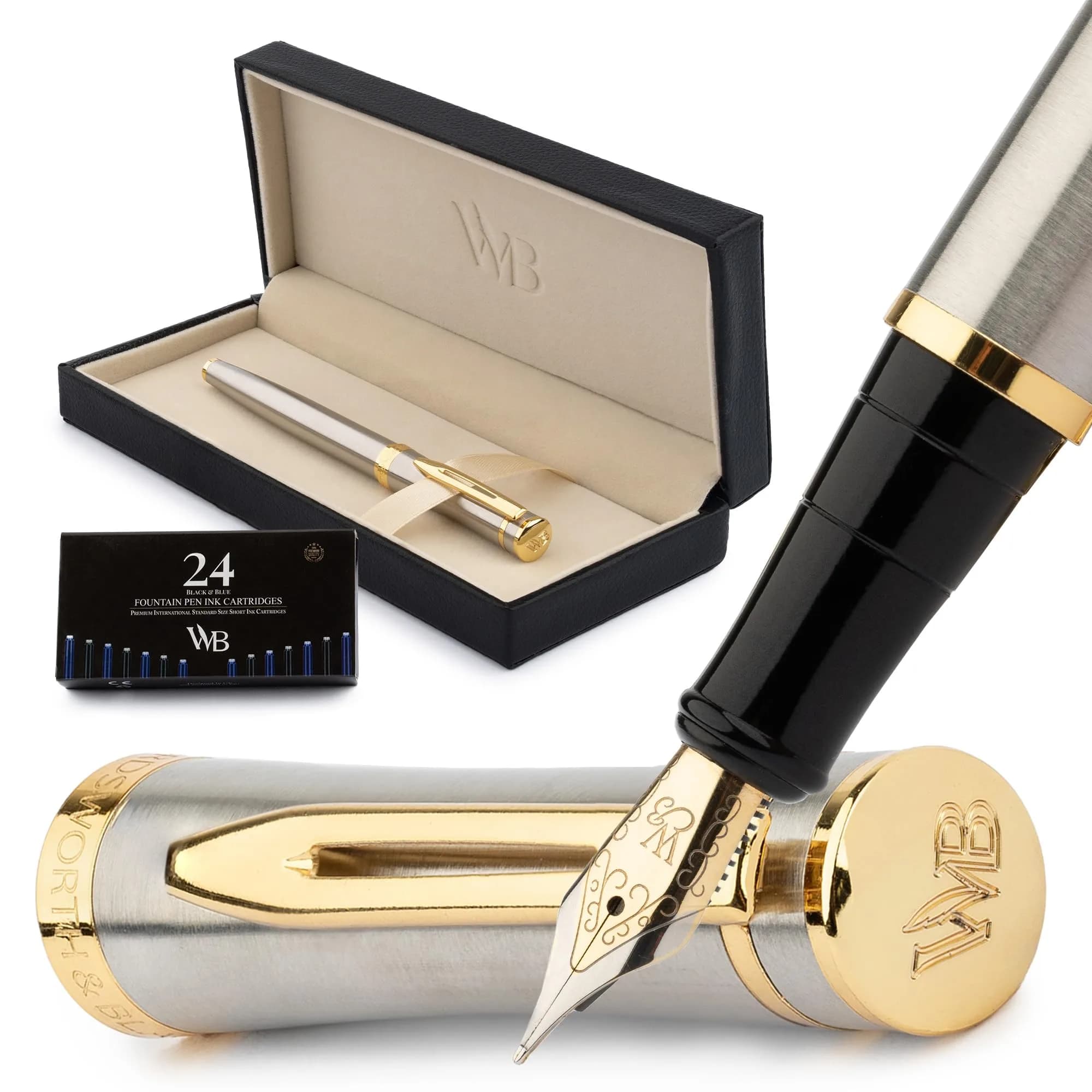 Wordsworth & Black Luxury Fountain Pen Set Medium Nib Pink | Smooth Ink Flow — Silver Gold / Medium Nib