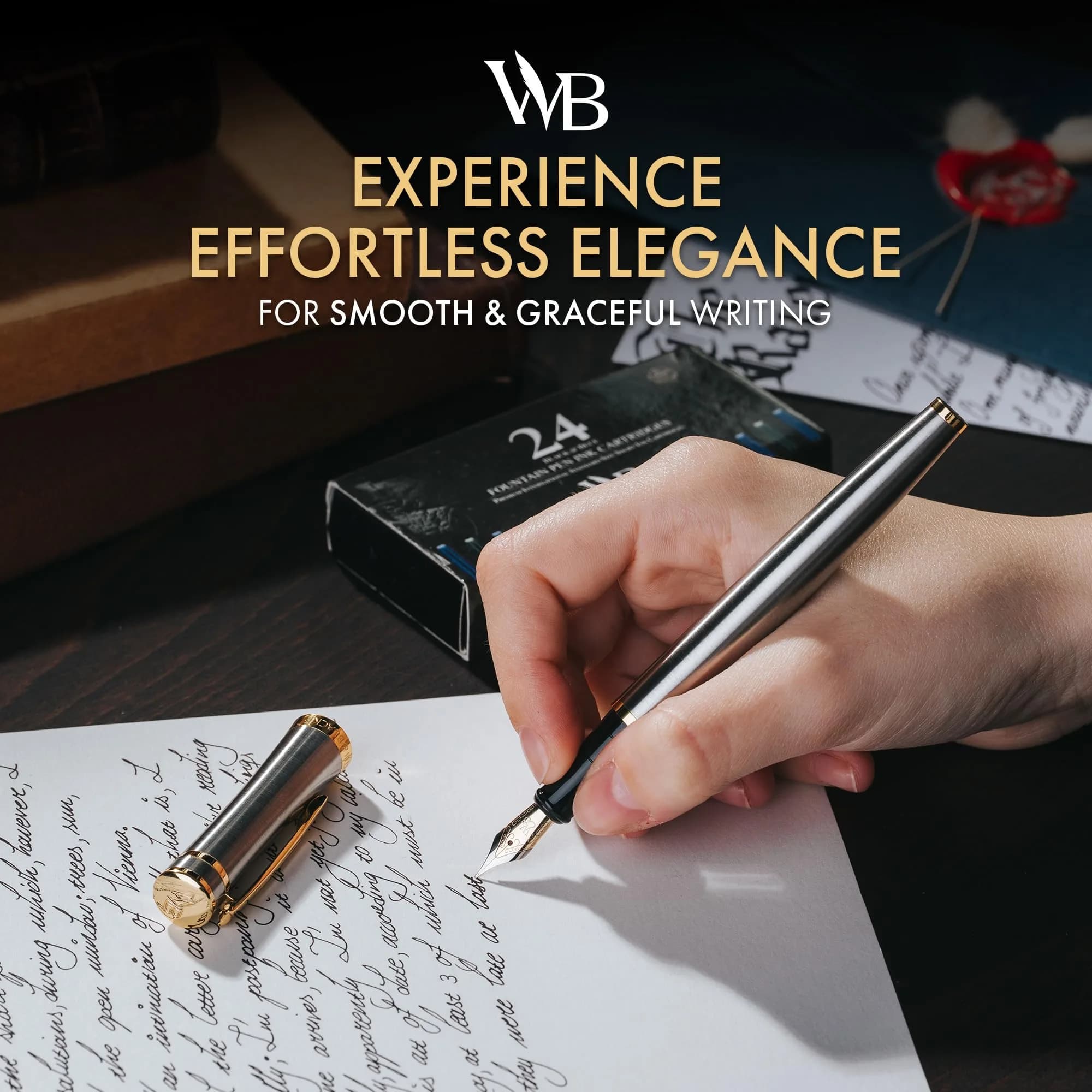 Wordsworth & Black Luxury Fountain Pen Set, Medium Nib, Silver & Gold | Smooth Ink Flow, Refillable, Gift Boxed thumbnail 2