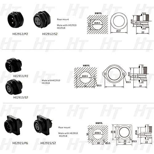 HangTon HE29 14-Pin Circular Panel Mount Connector with Threaded Coupling, IP68 Waterproof Aviation Plug Socket (29mm Panel Cutout) thumbnail 6
