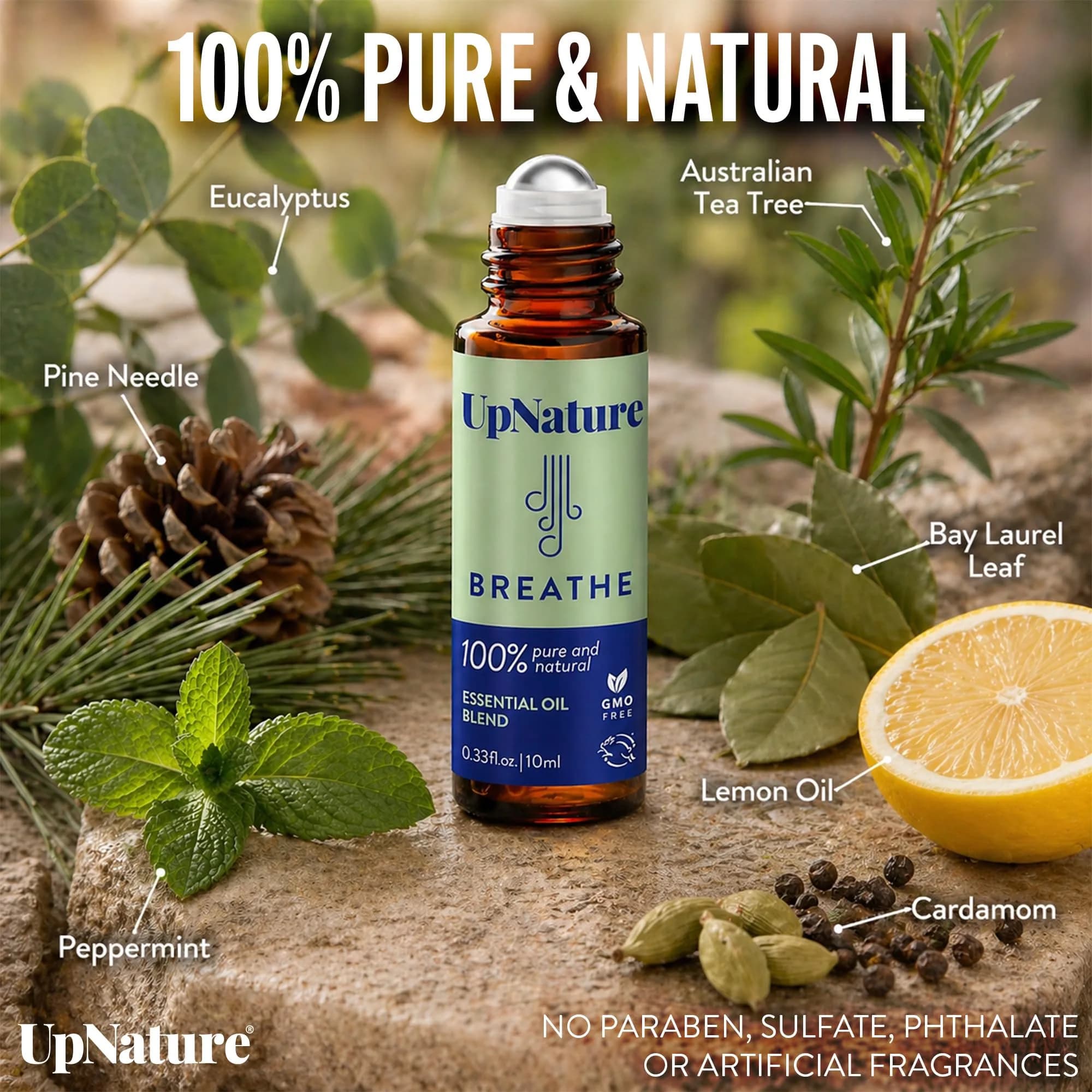 UpNature Breathe Essential Oil Roll On Blend 10ml (0.33 Fl Oz) | Natural Breathing Support with Peppermint & Eucalyptus - view 3