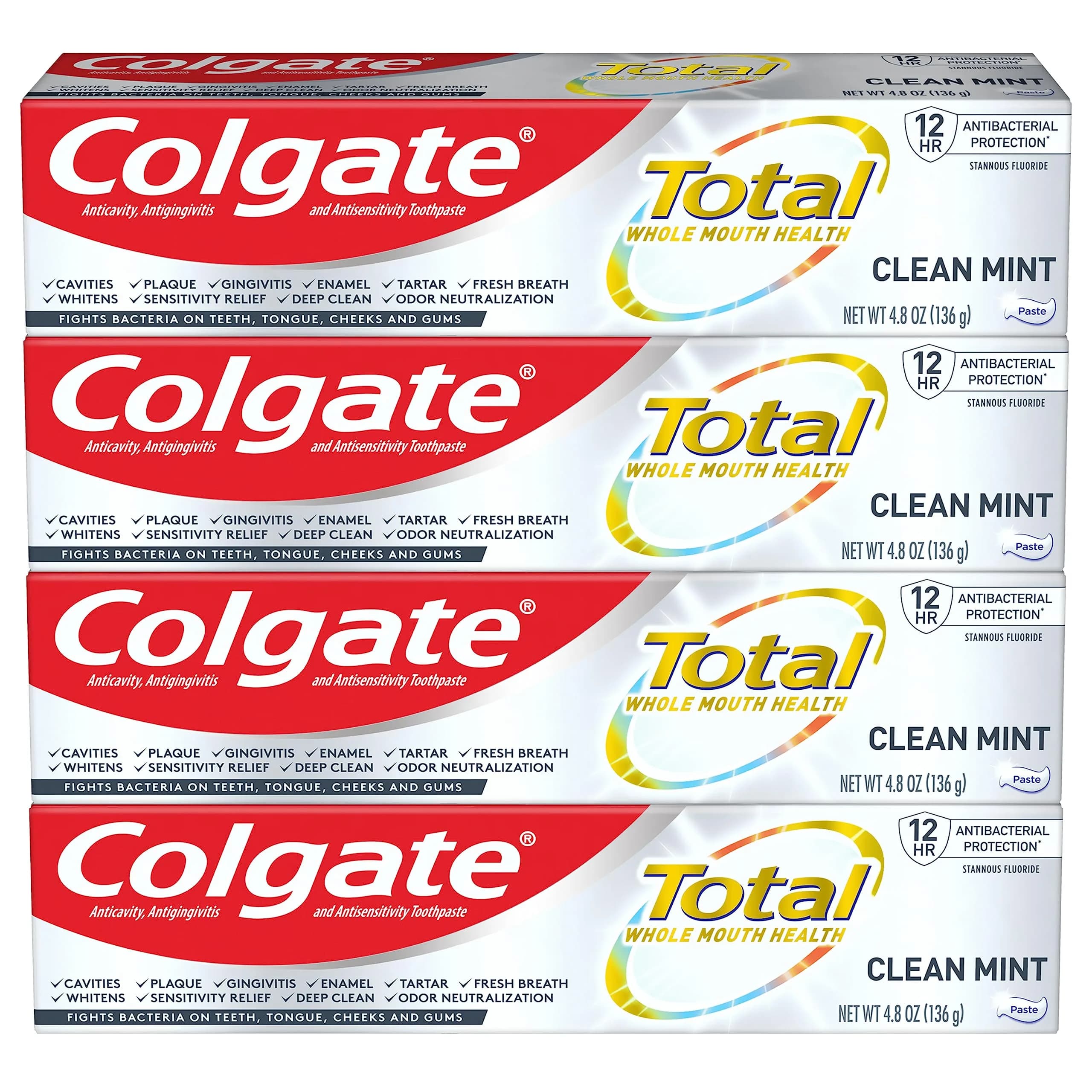 Colgate Total Whitening Toothpaste Clean Mint 4.8 oz (136g) Pack of 4 | 10 Benefits, Sensitivity Relief - main product image